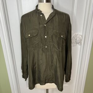 Polo Ralph Lauren 100% Silk Blouse Shirt Top Green Popover L Pockets Long Sleeve